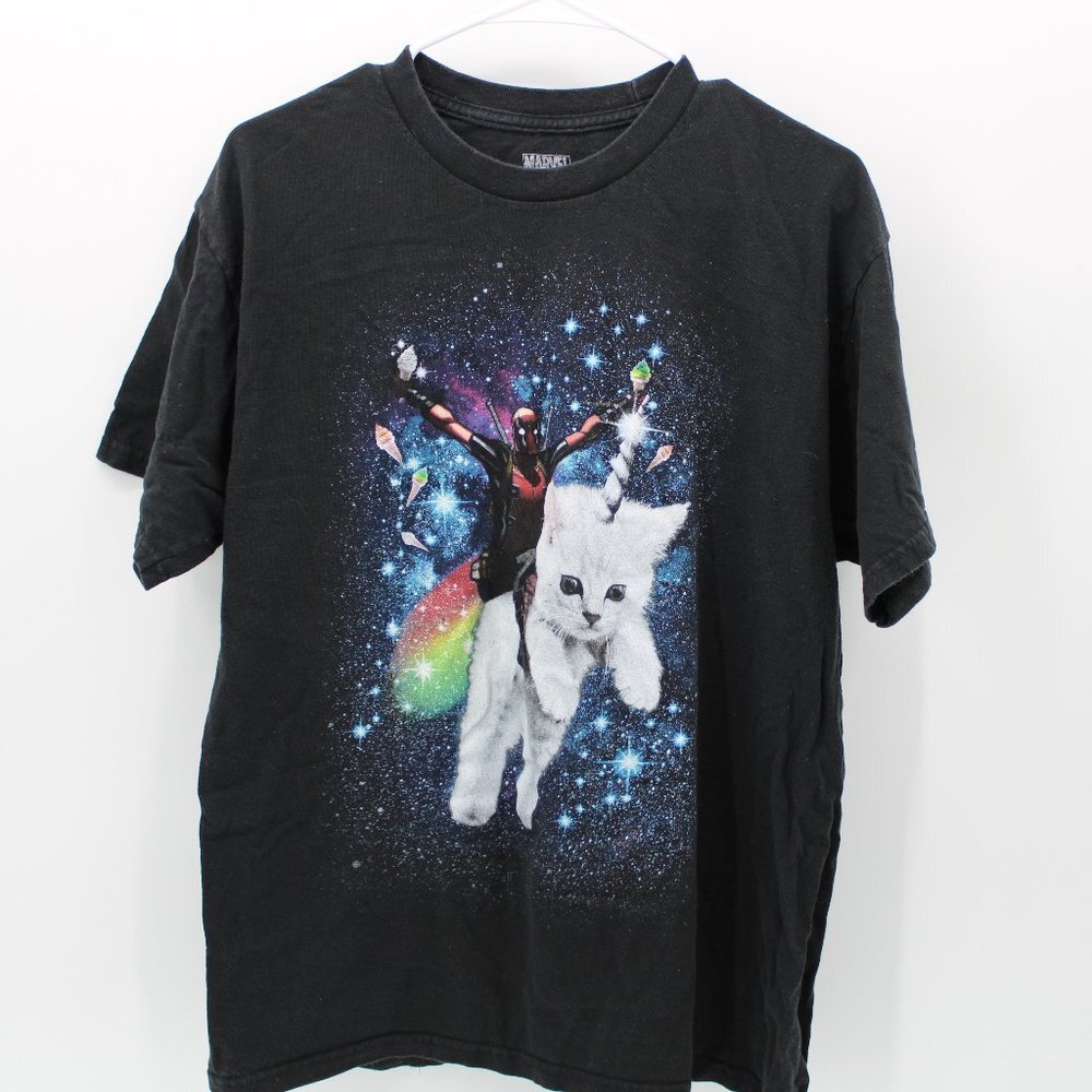 Marvel Cotton Short Sleeve Deadpool Space Trip Unicorn Cat T-Shirt - Picture 1 of 8